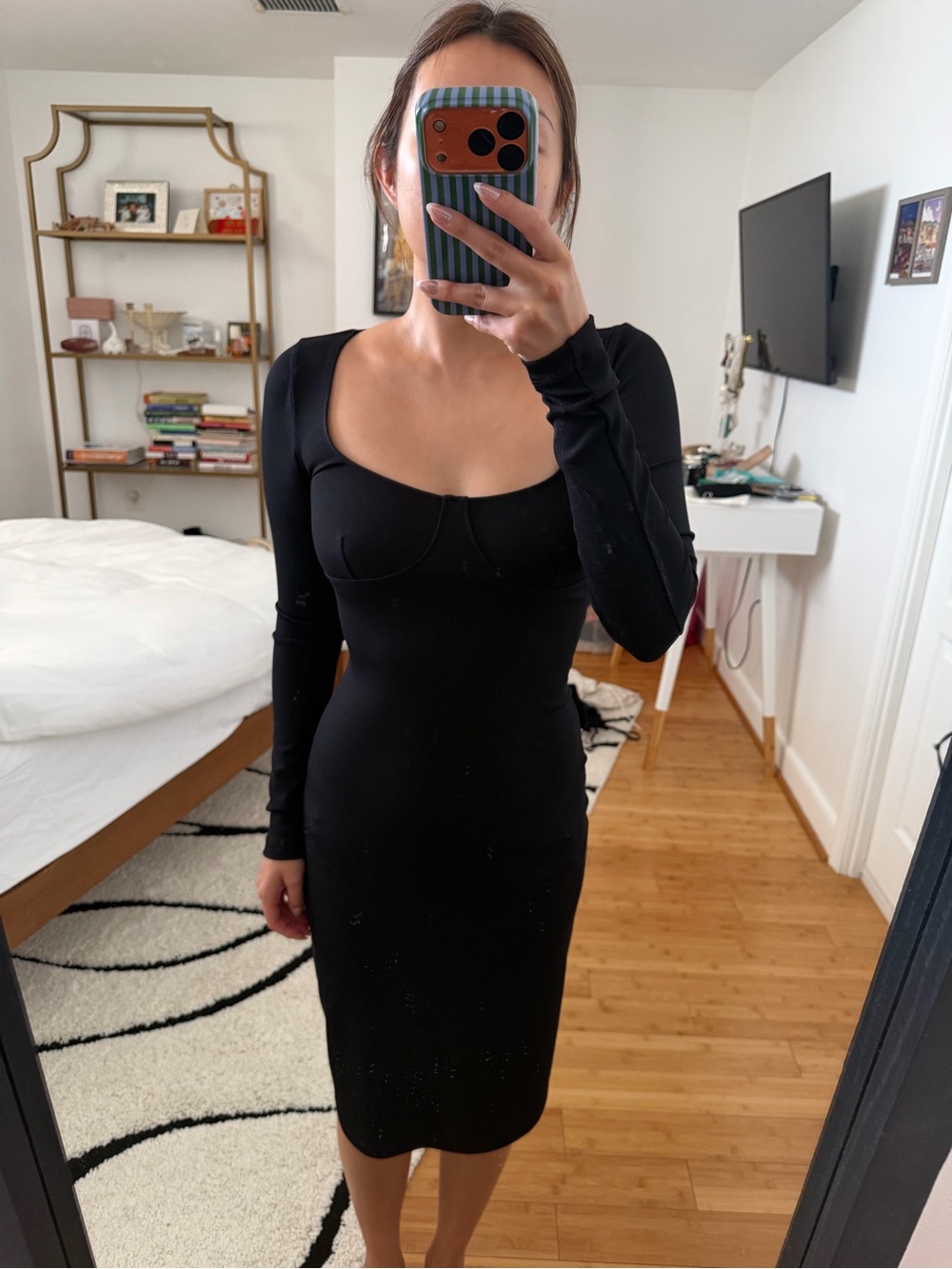 Aritzia Black Long-Sleeve Bodycon Dress with Square Scoop Neckline